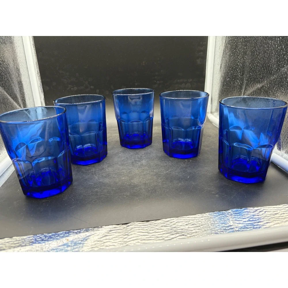 Crisa Cobalt Blue Glass Tumblers Set of 5 Paneled Drinking Glasses 6oz